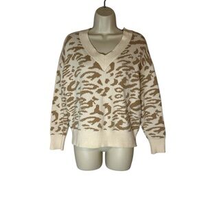 Chic Cream and Brown V-Neck Sweater with Animal Print